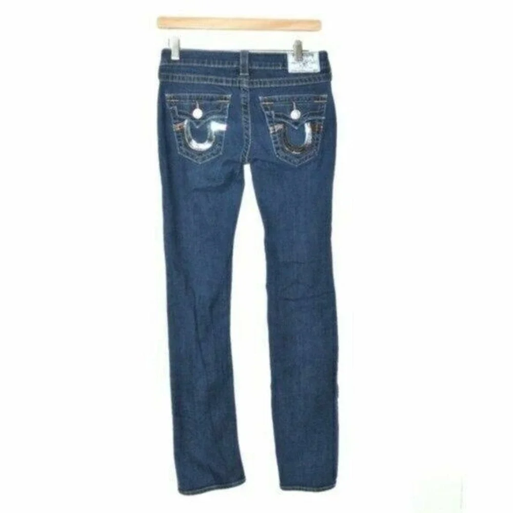 True Religion Rainbow Sequin Pocket Straight Jeans size 27 embellished back flap